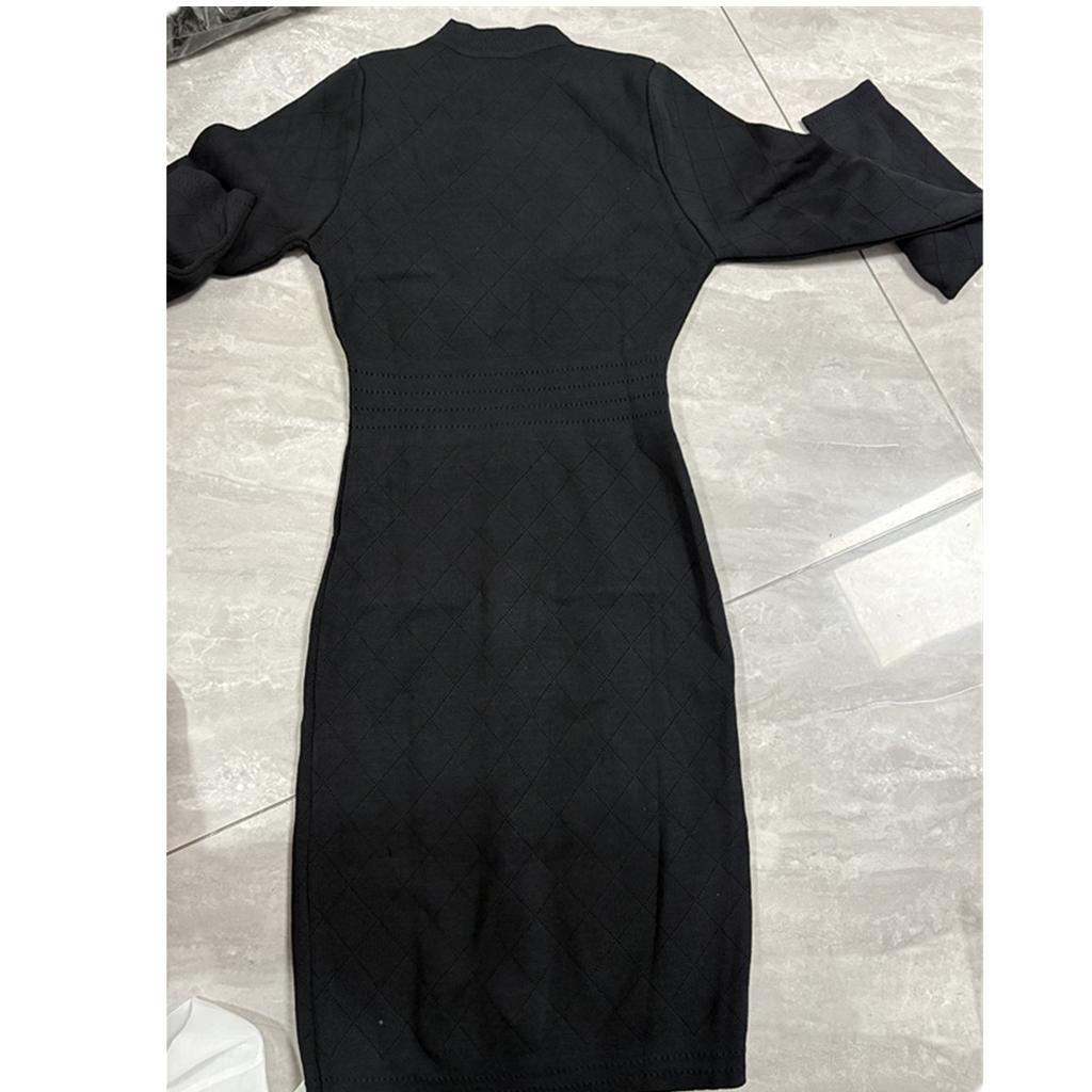 Autumn Winter New Fashion Knitted V-neck Long Sleeve Slim Bodycon Dress for Women Elegant Single-breasted Sweater Dress with Bowknot