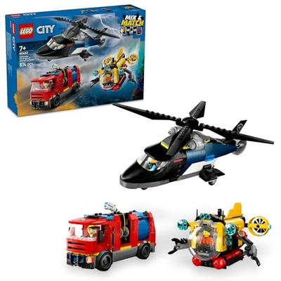 LEGO City Helicopter, Fire Truck, and Submarine Combo Toy, Birthday Gift, Building Blocks, Boys and Girls, Ages 7, 8, and 9, Pretend Play, Vehicles, M