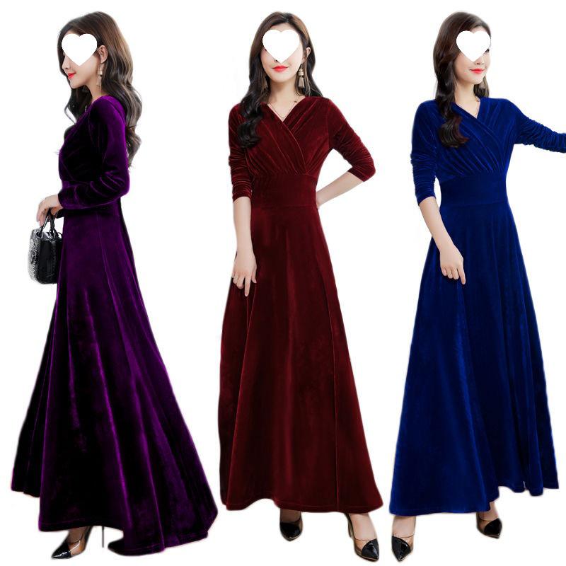 2025 Gold Velvet Long Slim Dress with Long Sleeves - Plus Size Women's Spring/Autumn Fashion