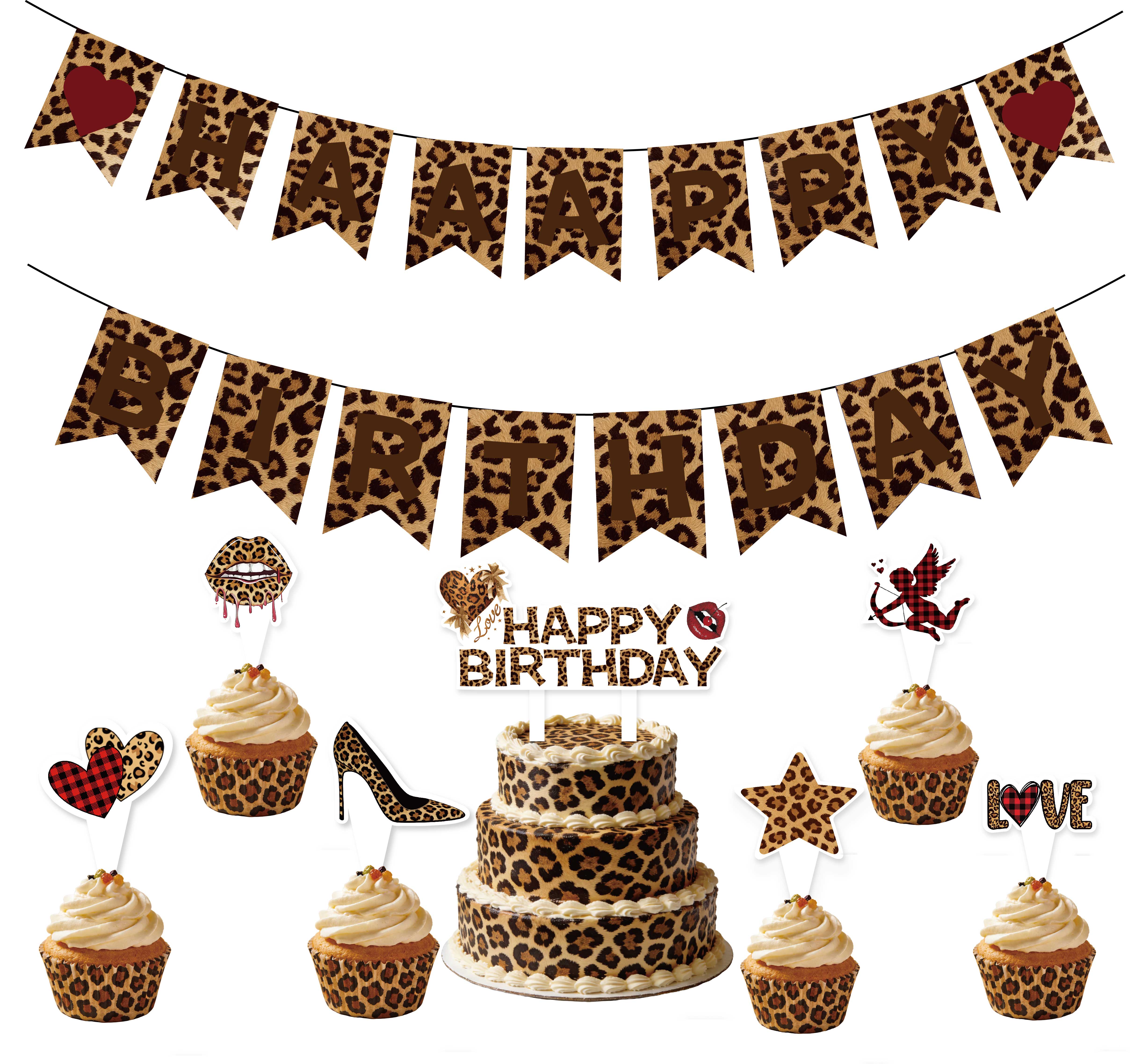 Cheetah Print Decorations - Happy Birthday Banner Cake Topper Tablecloth for Girls Women safari Animal Leopard Party Decorations