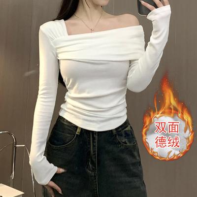 Spring Autumn Solid Color Sexy Fashion One Word Collar T-shirt Women Long Sleeve Off the Shoulder Pullover Tee Top
