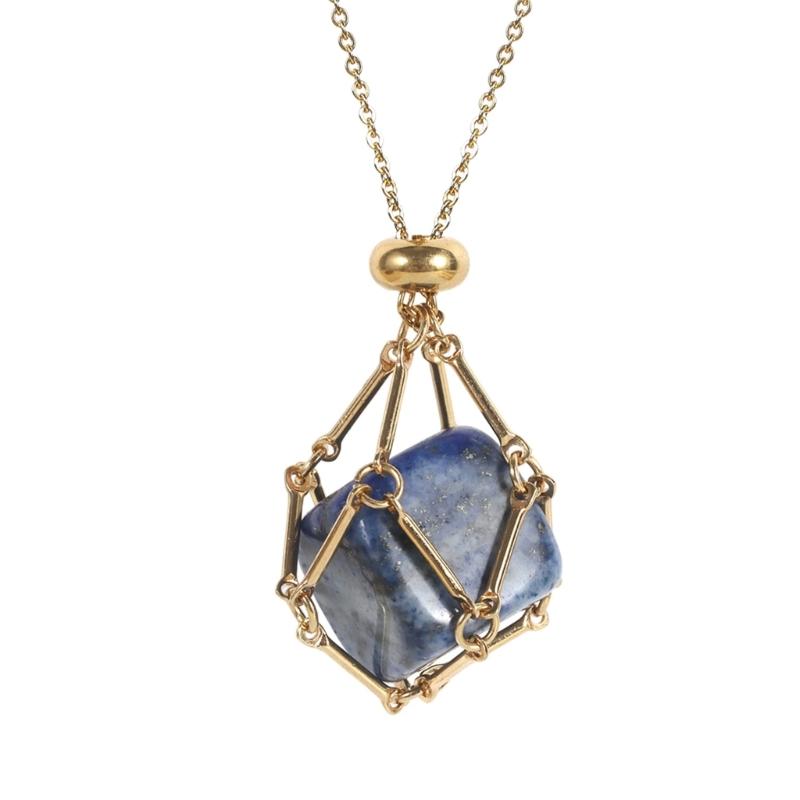 Handcrafted Square Crystal Pendant Necklace With Flexible Bamboo Link Chain And Secure Mesh Cage Setting For Elegant Occasions