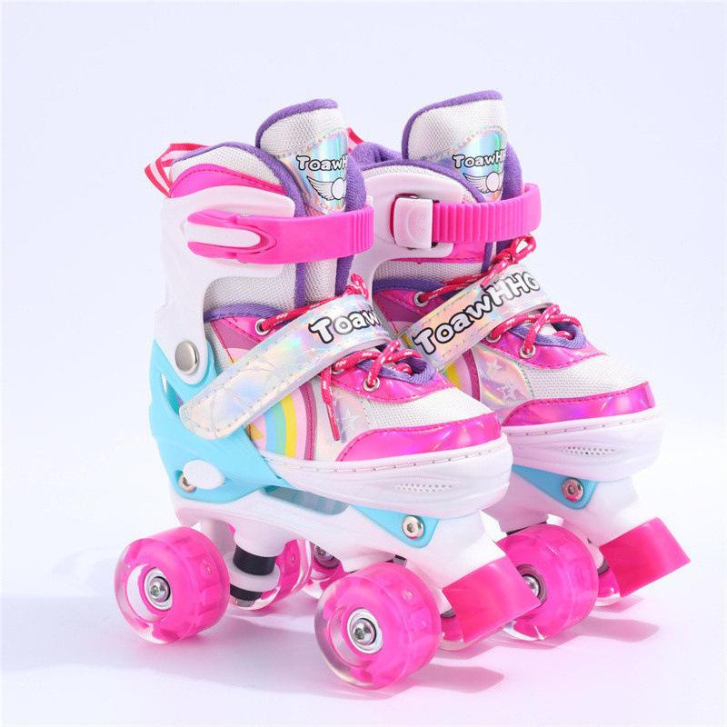 

Двухрядные четырехколесные роликовые коньки для начинающих, детей и взрослых, профессиональные роликовые коньки с двойной пряжкой S size 31-34 розовый