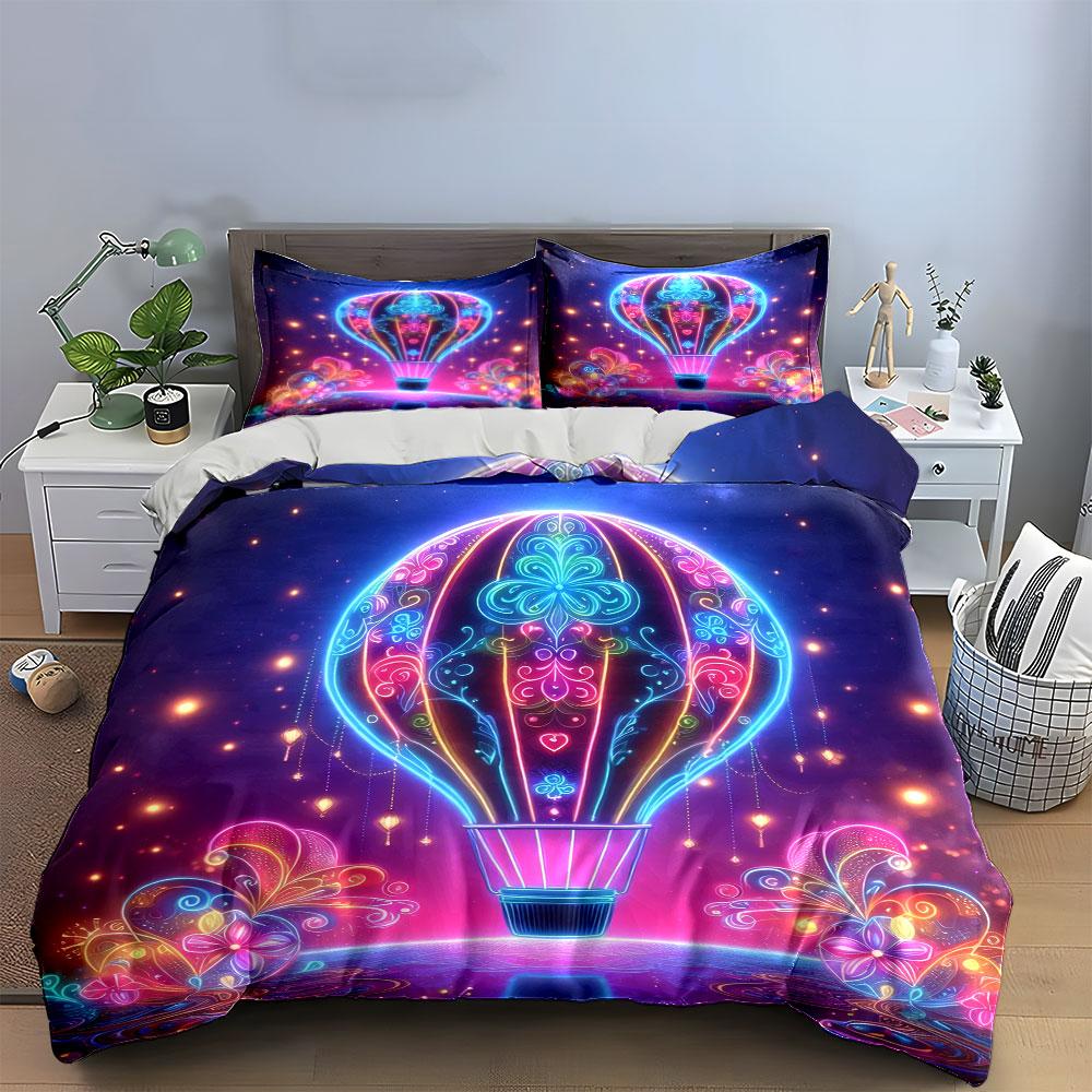 Colorful Hot Air Balloon Decor Bedding Set With 1 Duvet Cover 2 Pillowcases Single Double King Queen, Gift