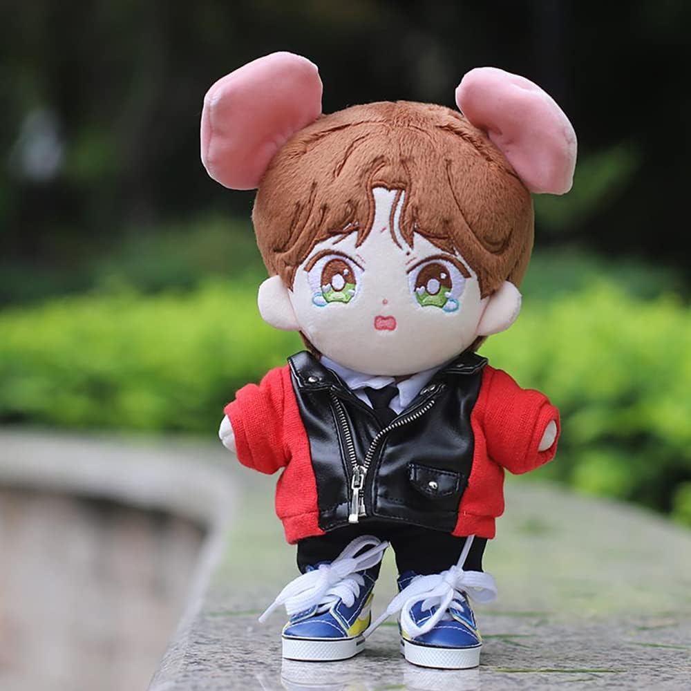 niannyyhouse 20cm Doll Clothes Plush Suit Leather Jacket White Shirt Tie Pants Cotton Outfit Red