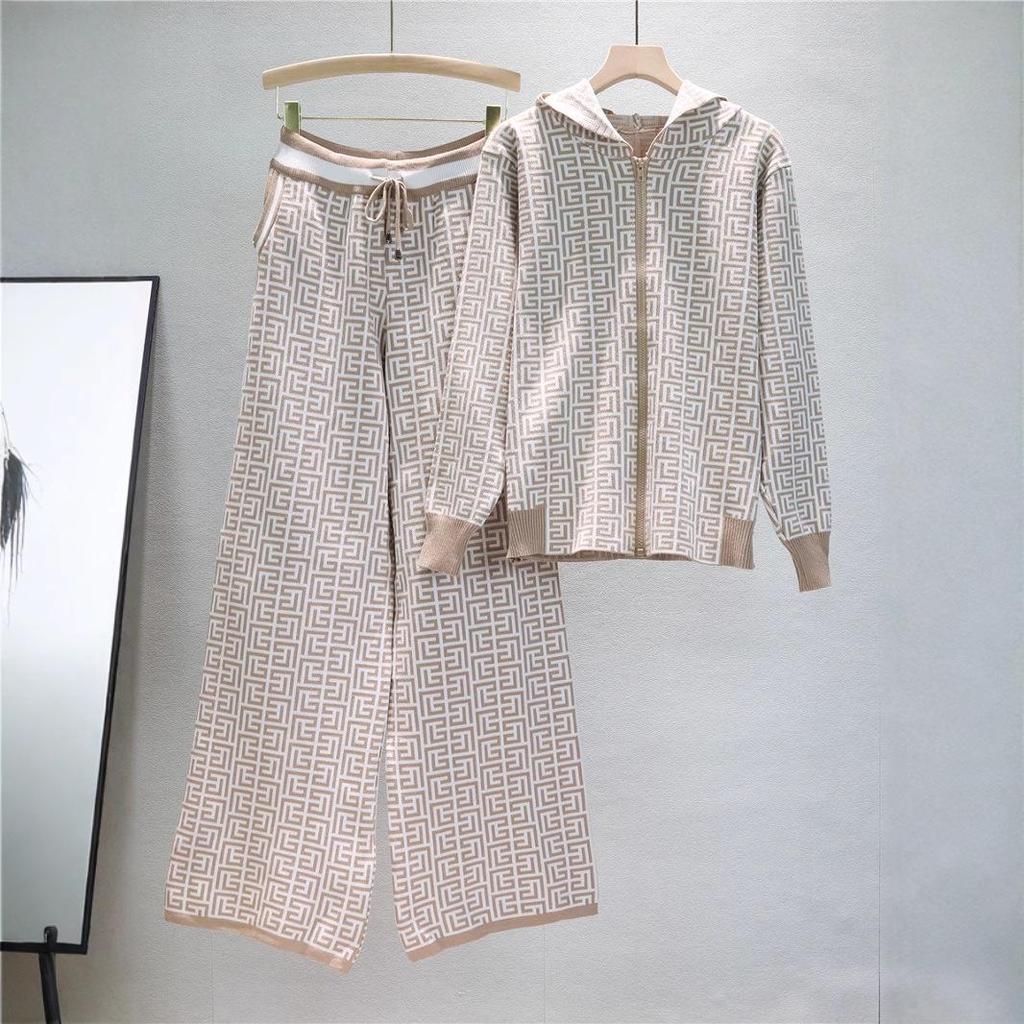 European & American Women's Hooded Jacket & Wide-Leg Pants Knit Two-Piece Set for Spring & Autumn