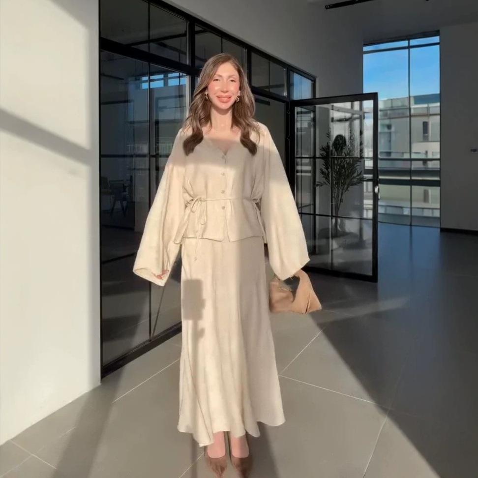 European and American Amazon Women's New V-Neck Long Sleeve Lotus Leaf Edge Waist Top Wide Pendulum Long Skirt Temperament Set