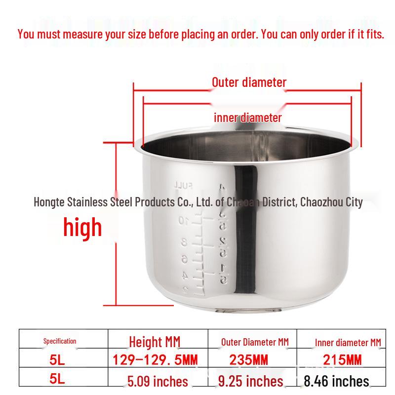 6L-165 304 Stainless Steel Electric Pressure Cooker Inner Pot, Double Bottom, Food Grade, Thickened Accessories.