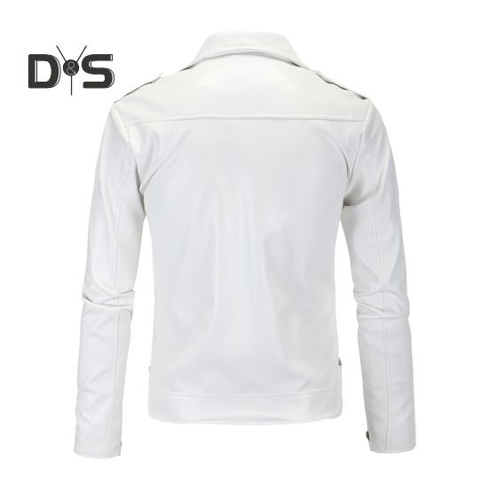 Men Jacket Slim Fit Faux Leather Solid Color Coat with Diagonal Zipper Belt Adjustment Windproof Coat