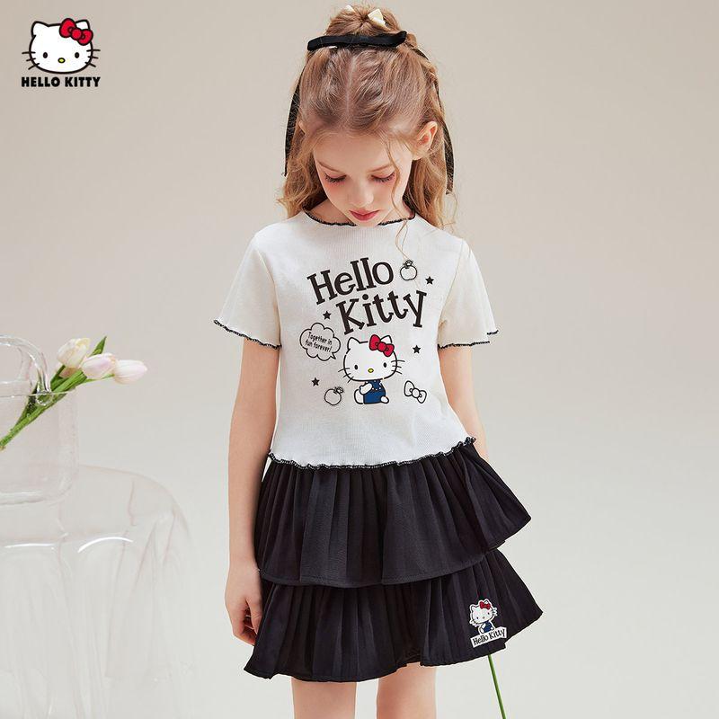 Hello Kitty Girls Summer Suit 2025 New Sweet and Cool Korean Style Cartoon Kidsren's Short-Sleeved Skirt Two-Piece Set