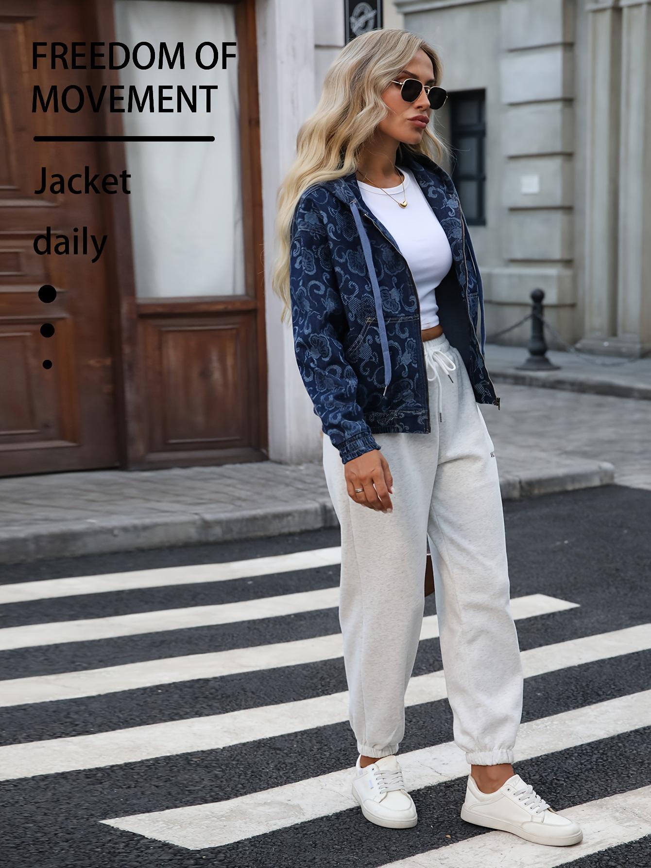 Женская элегантная джинсовая куртка с капюшоном для похудения - Повседневный дизайн с принтом (18525) S синий