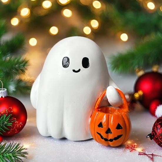 2/3Pcs Halloween Ghost Statue Holding Pumpkin Cartoon Ghost Resin Statue Figurine Sculpture Holiday Party Decoration Ornament