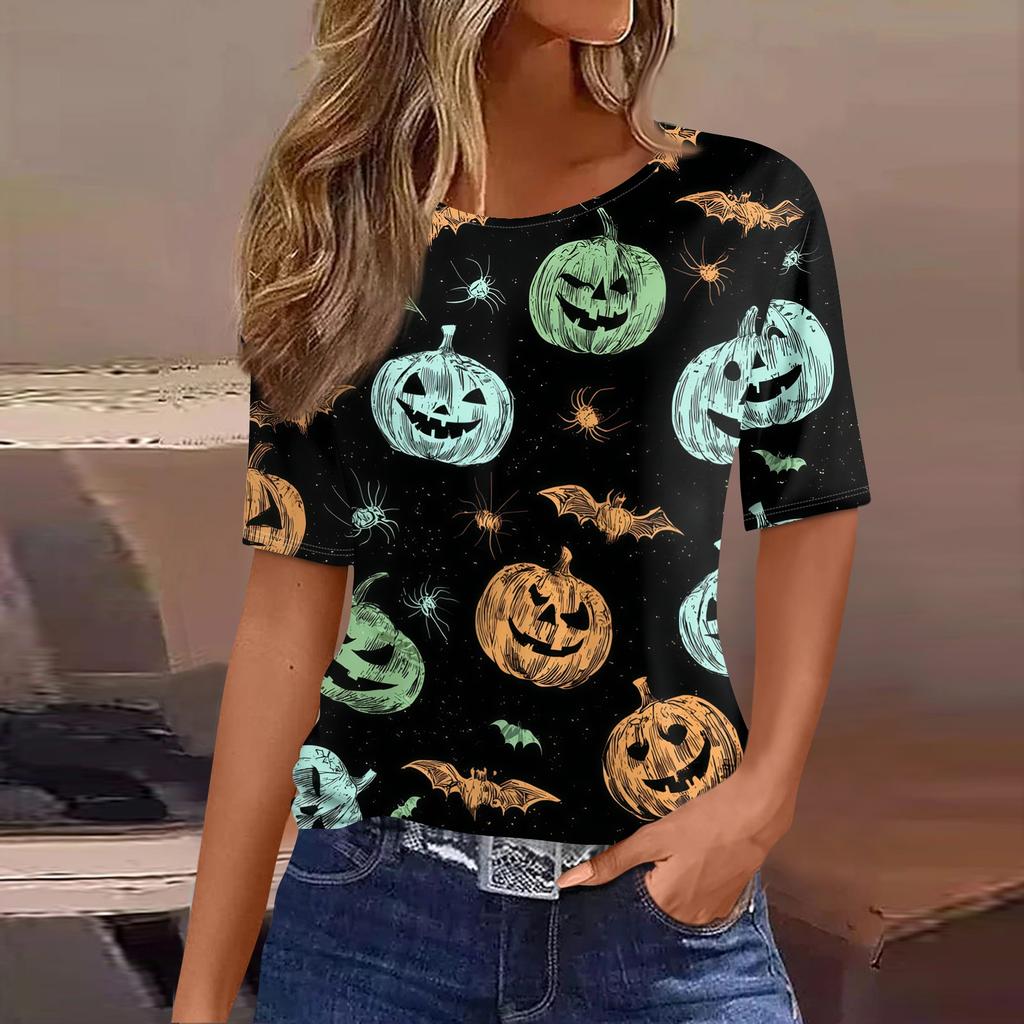 Women's Casual Short Sleeve Pullover Top Halloween Spider Web Pumpkin Print Round Neck Blouse Lightweight Comfortable Fit