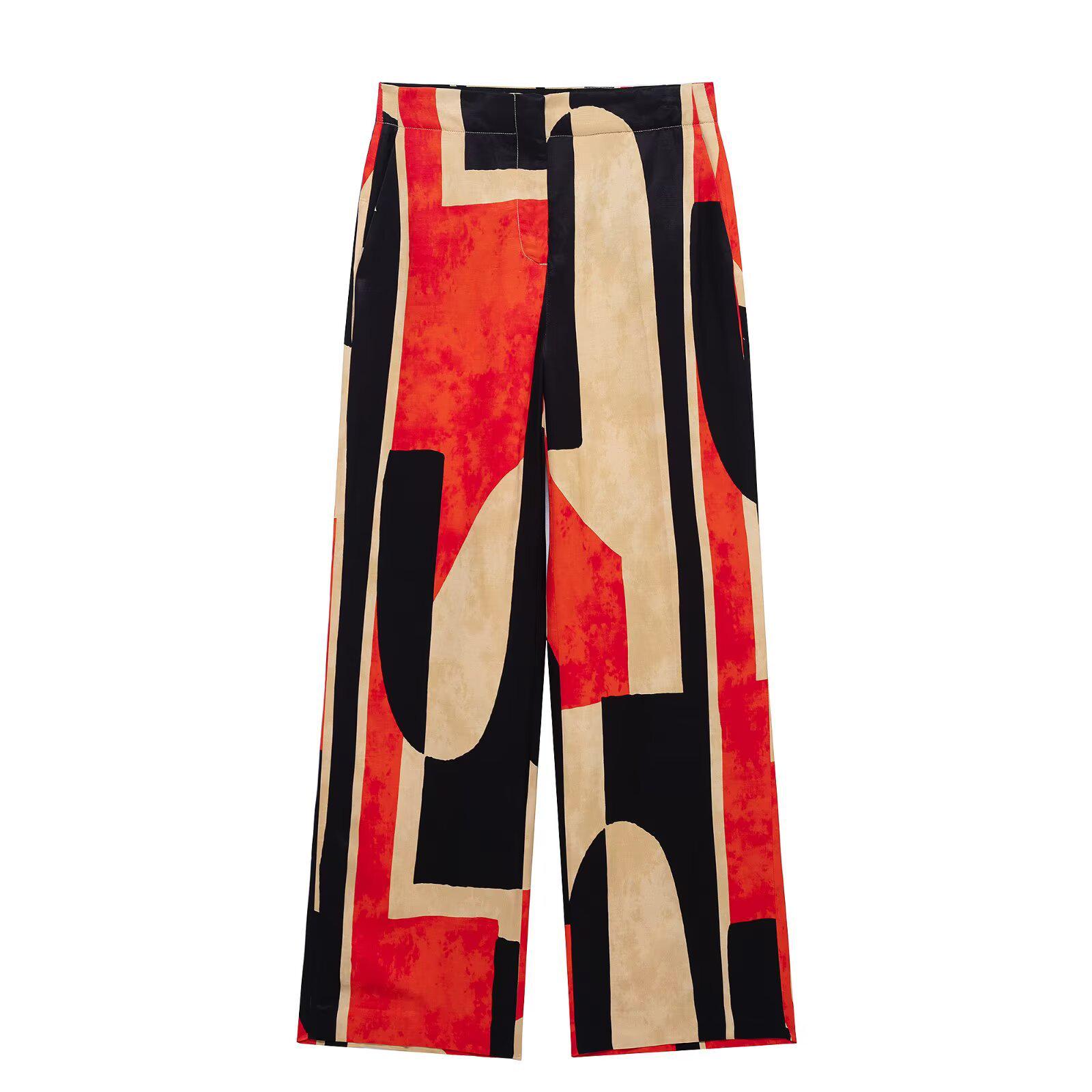 

Весенний женский комплект с принтом: рубашка и брюки прямого кроя, 2025 Large красный