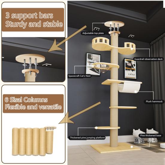 Cat Tree Floor To Ceiling Cat Tree Height Adjustable Cat Tower 6 Tier Hemp Scratching Post High Sturdy Cat Activity Tree Cat Scratching Post
