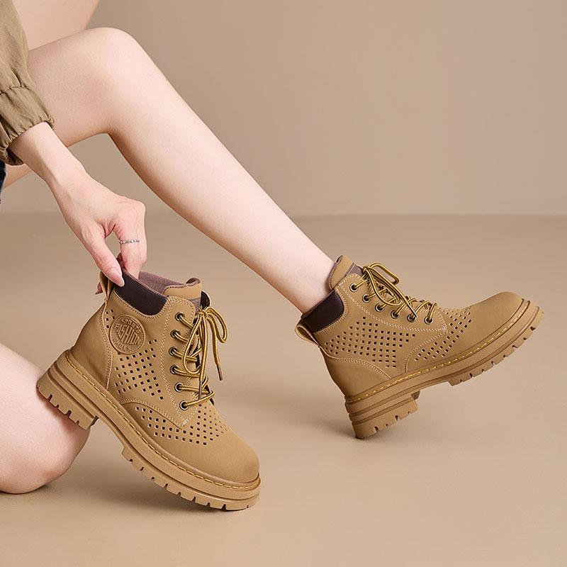Stand hollow Martin boots summer new soft leather retro women's short boots cow suede leather tooling boots