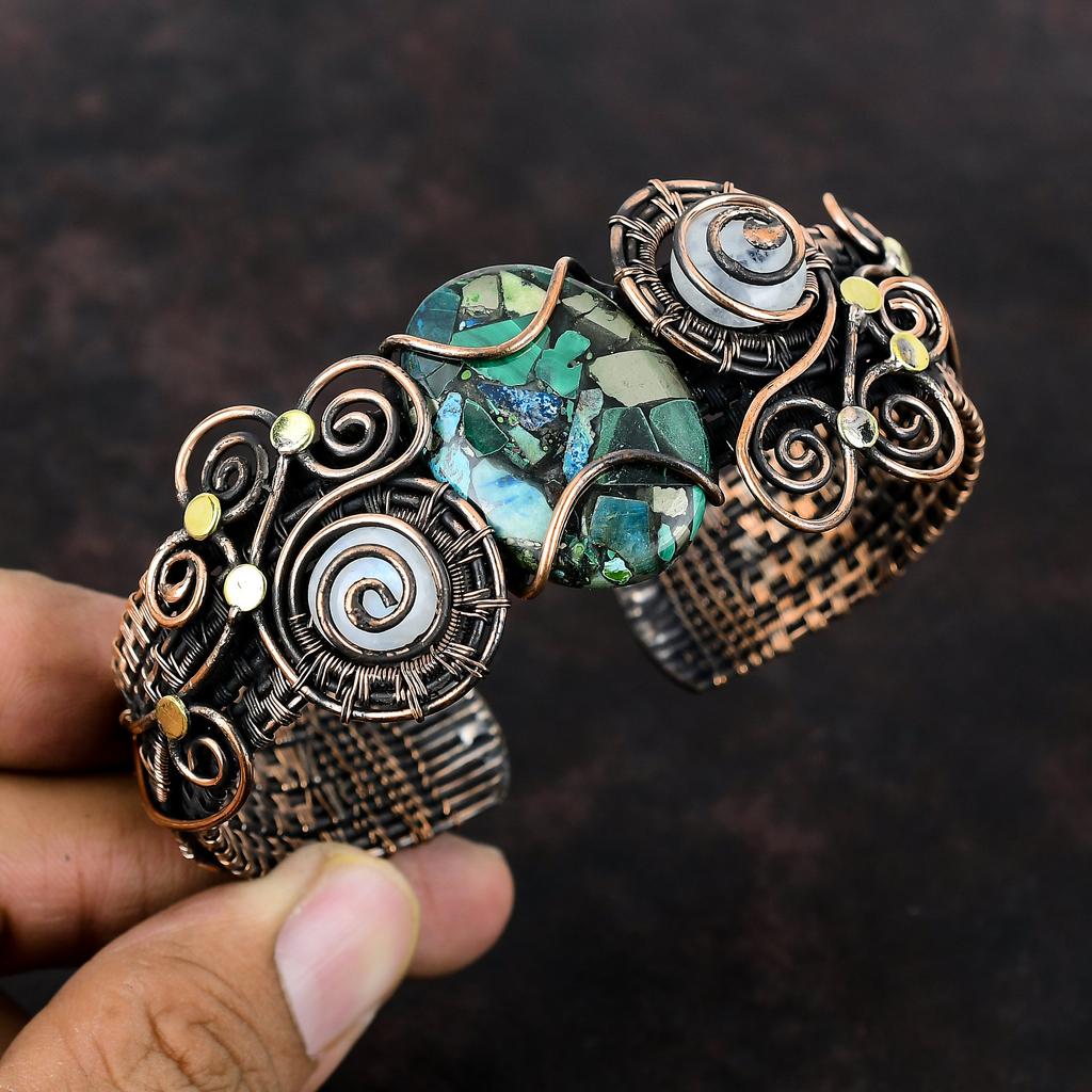 Copper Azurite Malachite Cuff Bracelet Copper Wire Wrapped Bangle Adjustable Cuff Bracelet Moonstone Bangle Handmade Dainty Gemstone Jewelry