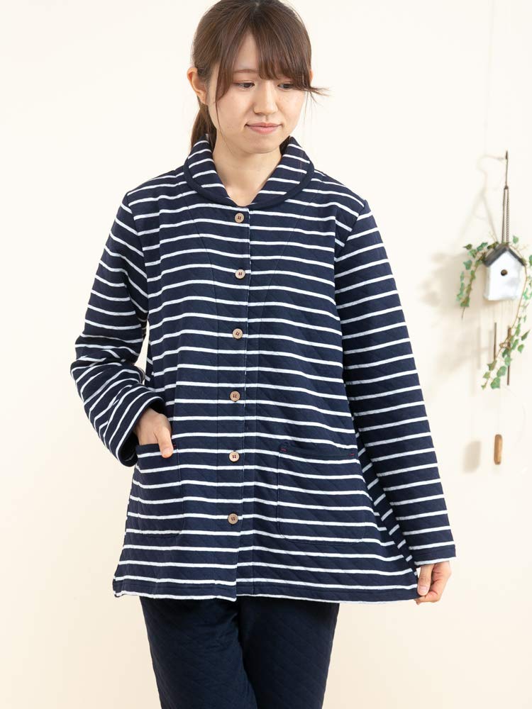 Eye Cotton Quilted Knit Pajamas with Open Long Winter Sizes K's Women's Skin-Friendly 100% Front, Sleeves, Loungewear, Nightwear, S/M/L/LL (S Navy)