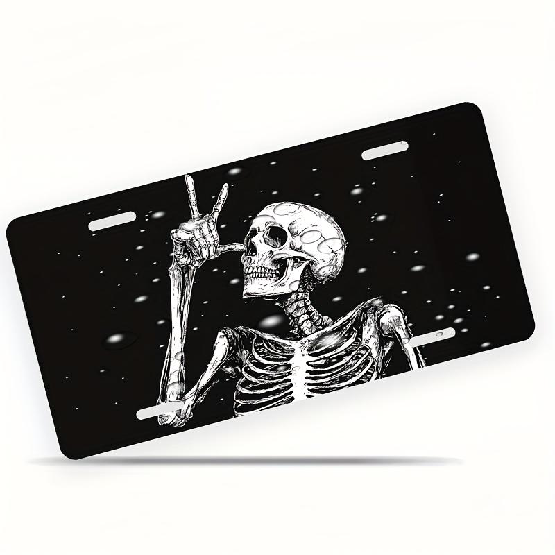 

Vintage Gothic Skeleton Rock On Hand Gesture Black Background License Plate D Flat Aluminum Tin Sign Wall Art Decor for Punk Ga 15x30cm(5.9x7.8inch)