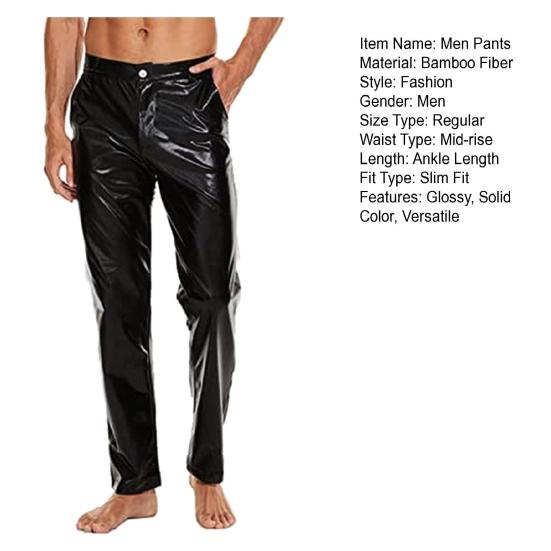 Men Pants Mid-rise Button Zipper Fly Shiny Casual Trousers