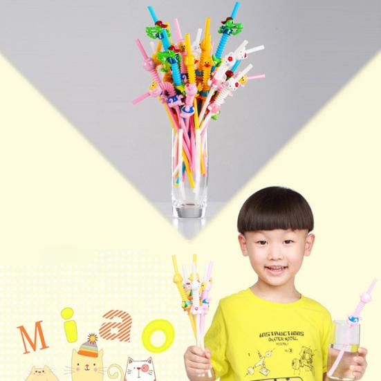 Plastic Cartoon Animal Cat Duck Reusable Drinking Straw Beverage Pipe with Brush