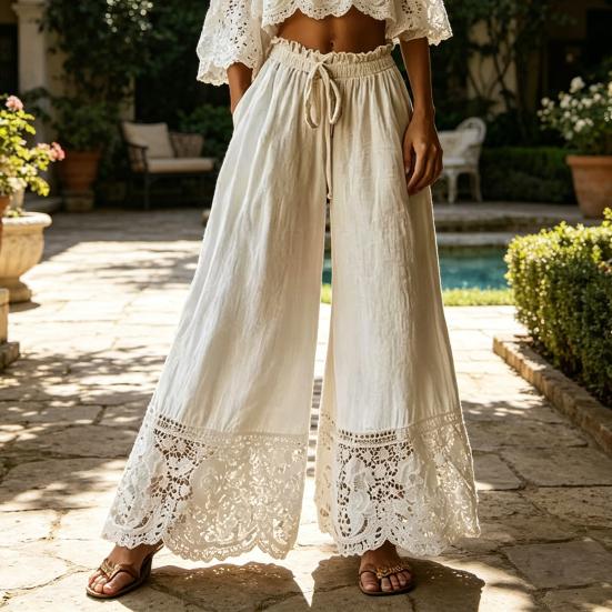 Women Pants Drawstring Adjustable Waistband High Waist Summer Pants Pure Color Loose Fit