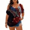 Womens Short Sleeve Cold Shoulder Top with Independence Day Print Casual Loose Fit V Neck Pullover Blouse for Daily Wear