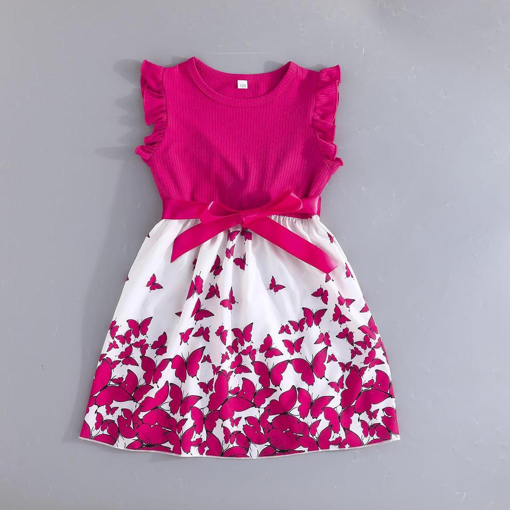 Girls' Sleeveless Butterfly Print Dress & Belt Set