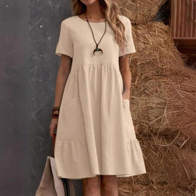 

Women Casual Summer Loose Cotton Linen Solid Color Round Neck Dress Clothing 3XL абрикосовий
