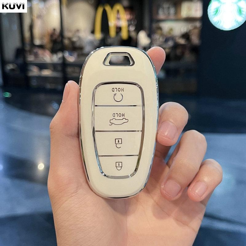 Nouvel Étui Coque de Protection pour Clé de Voiture en TPU Pour Hyundai Tucson Solaris Sonata Hybride Nexo Nx4 Santafe Dn8 4 Boutons beige