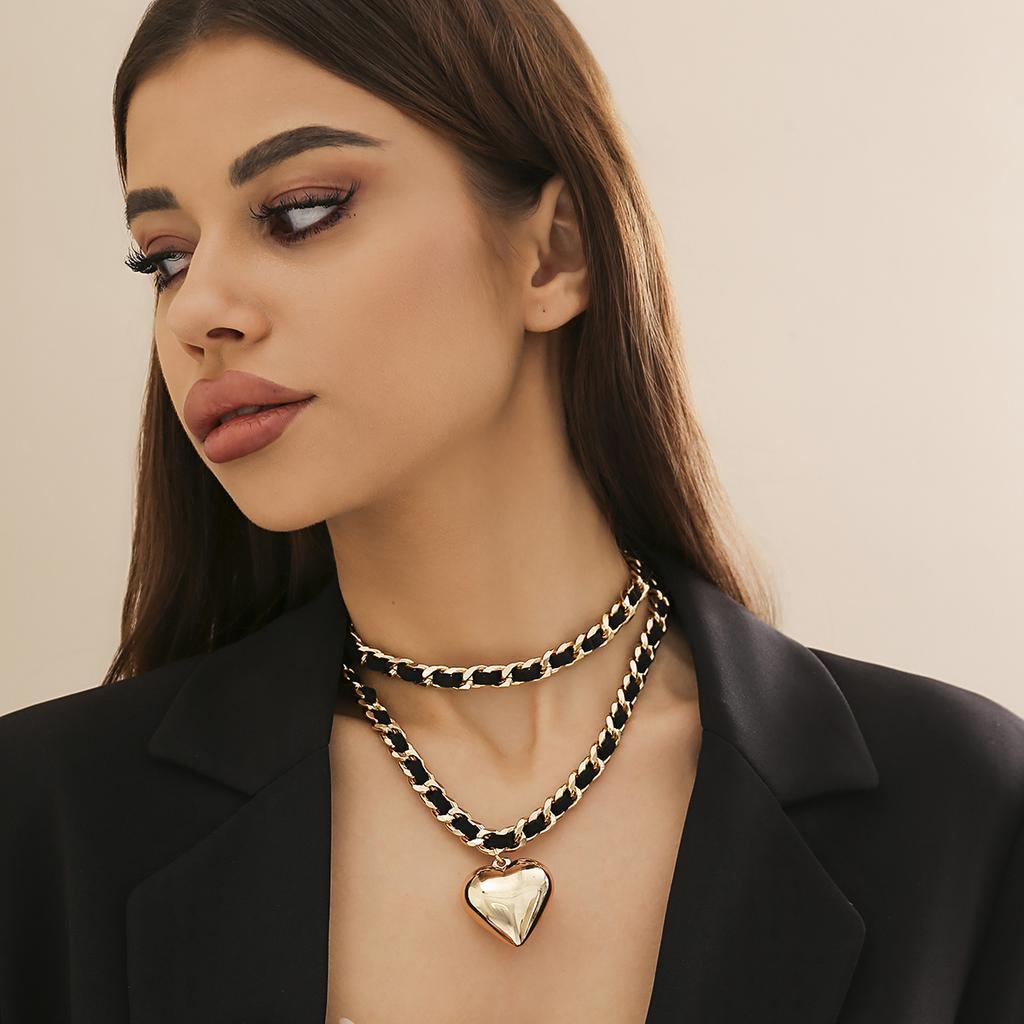 PuRui Trendy Kjærlighetshjerte Anheng Halskjede for Kvinner Lenkekjede Med PU-tau Sjarm Choker Zirkon På Halsen Damer Elegante Gaver