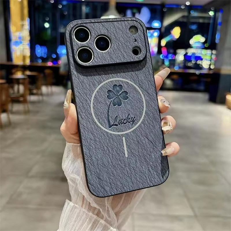 

Магнитный чехол из зернистой кожи «Счастливый четырехлистный клевер» для iPhone 17air 16 15 14 13 12 Pro Max Plus 16e, противоударный, для зарядки Magesafe, матовая крышка iPhone 14 Pro Max синий