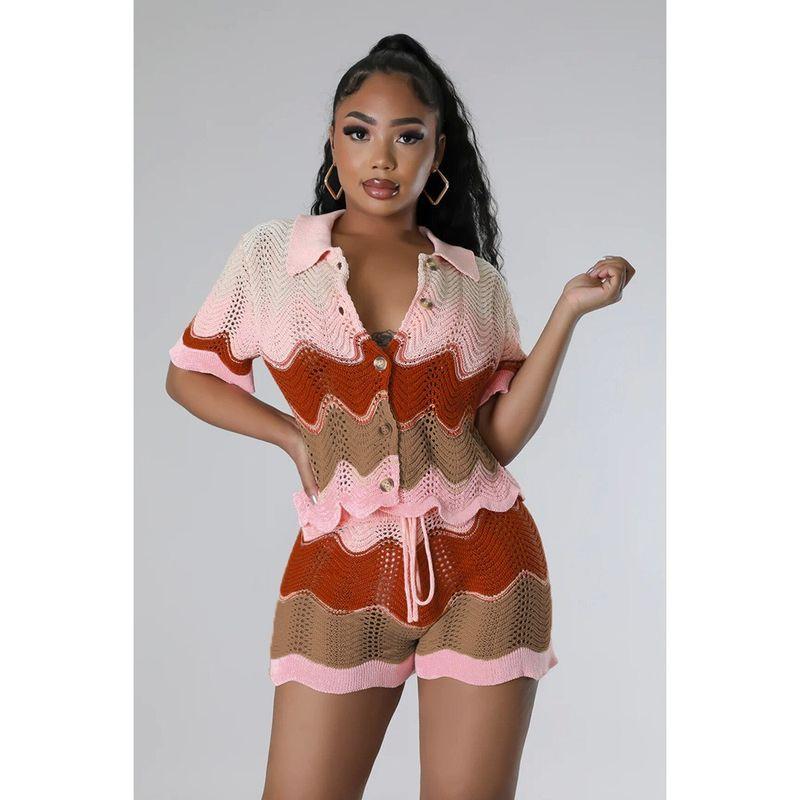 

European and American Women s Clothing 2025 Summer New Arrival Knitting Cut Out Short Sleeve Short Button Cardigan Pants Casual Two-Piece Suit Suit Red XL