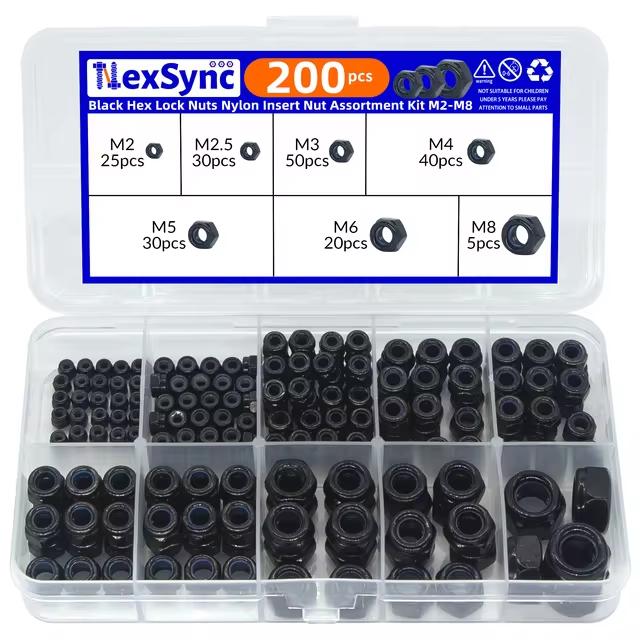 200pcs DIN985 Hex Nylon Insert Self Lock Nut Nylock Locknut Assortment Kit Set M2 M2.5 M3 M4 M5 M6 M8 304 A2-70 Stainless Steel