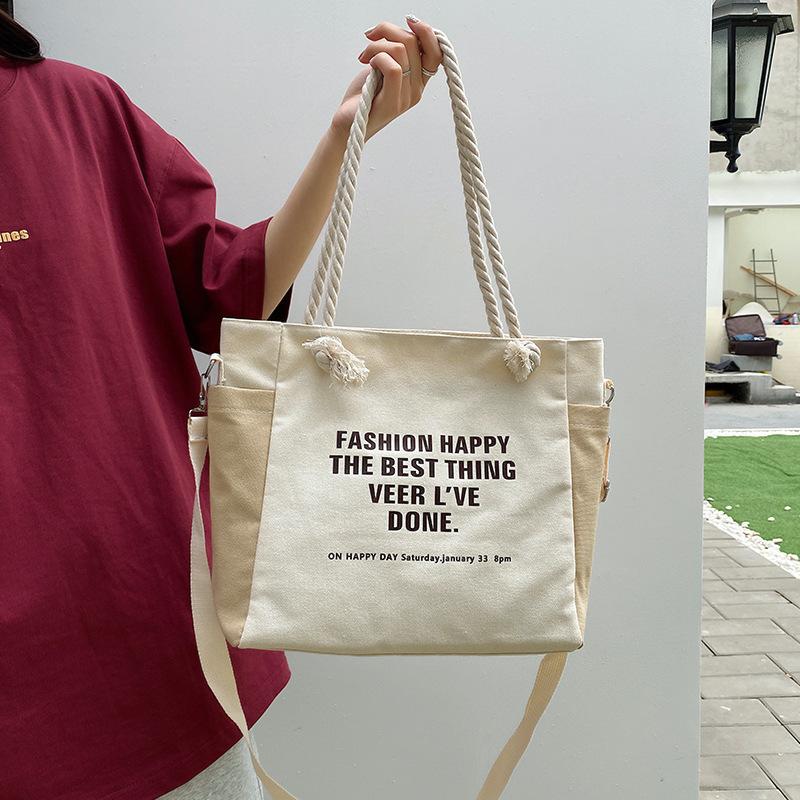 Women Canvas Tote Bag Large Capacity Shoulder Crossbody Bag Casual Letter Print Handbag Rope Handle Shopping Travel Tote