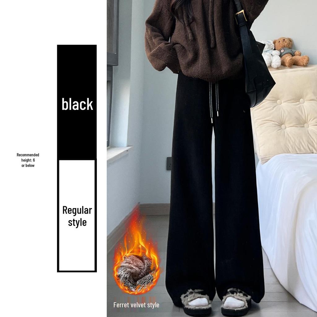 Women's High-Waisted Corduroy Pants - White Fluffy Lambswool, Wide-Leg, Plus Velvet Thickened & Slimming for Autumn/Winter