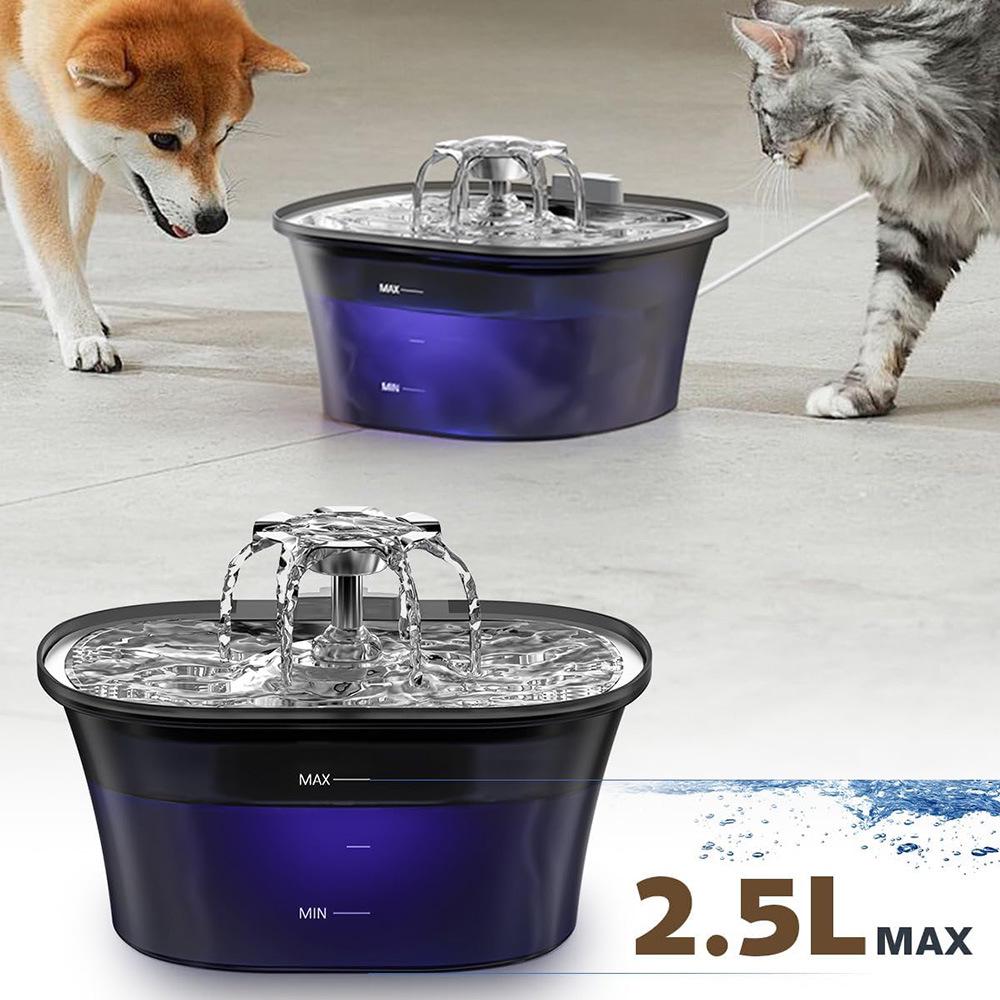 2.5L Stainless Steel Pet Water Fountain with LED Light & Flower Spout
