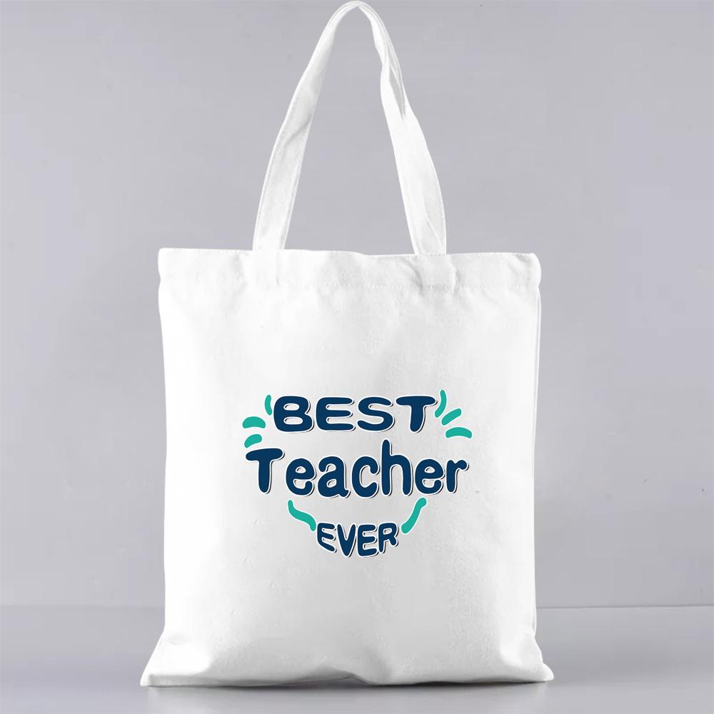 Fashion Shopping Bag Handbag Commuter Casual Shoulder Bag Reusable Canvas Bag White Cartoon Teacher Pattern Printing Tote Bag