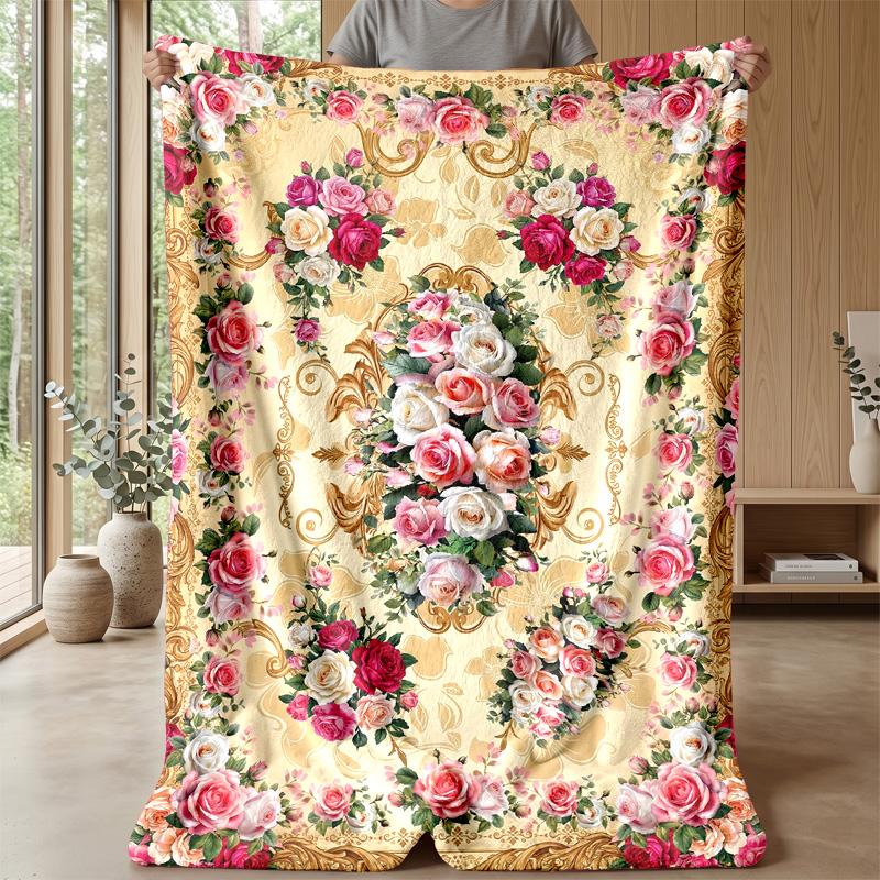 Elegant Rose Floral Design Theme Blanket Lightweight Warm Flannel Blanket Decorative Throw Blanket for Home Decoration