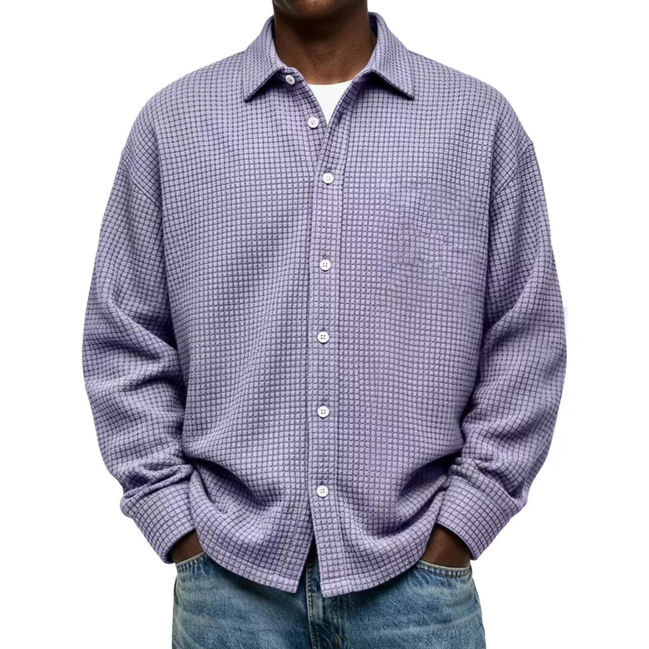

Spring Autumn Chic Men Casual Shirt Fashion Lapel Waffle Solid Color Breathable Loose Long Sleeve Shirts XL лавандовий
