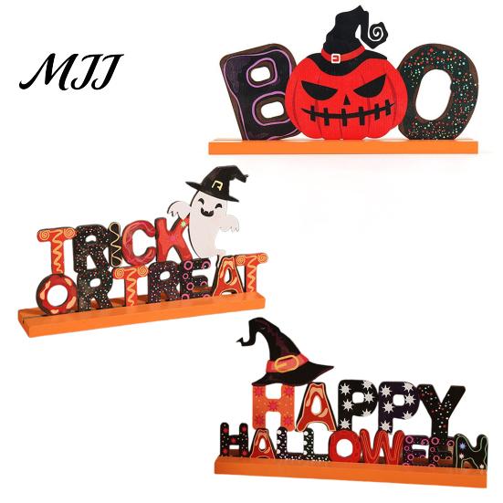 Density Board Craft Ornaments Wooden Halloween Table Ornament, Trick or Treat/Boo/Happy Desktop Decoration Cartoon Ghost Wizard Hat with for