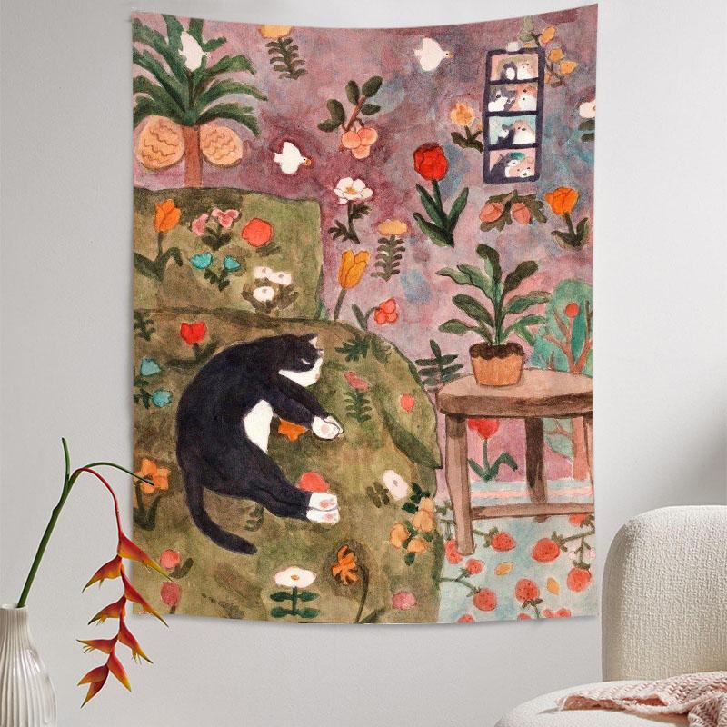 

Цветочный оазис со спящим котом Гобелен - Эстетический декор стен для спокойных пространств Целительный стиль Украшение стен Домашний декор 29x37in