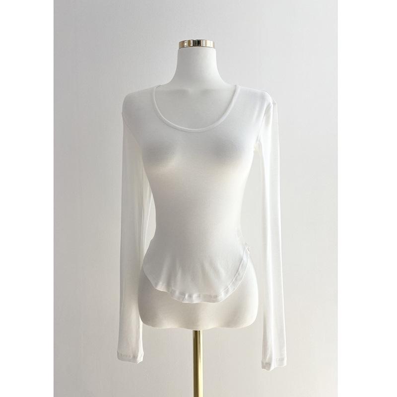 Korean Spring/Summer Slim Fit Sexy U-Neck Sheer Long Sleeve Curved Hem T-Shirt for Women