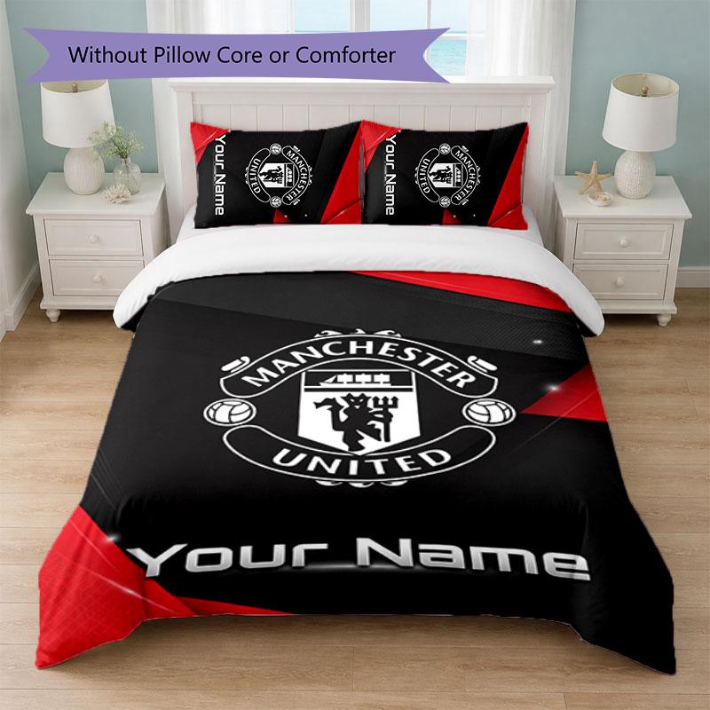 Juego de Ropa de Cama Personalizado Manchester United con Nombre y Texto 1 Funda Nórdica + 2 Fundas de Almohada Logo de Fútbol Regalo Personalizado para Ocasión Especial Decoración de Dormitorio