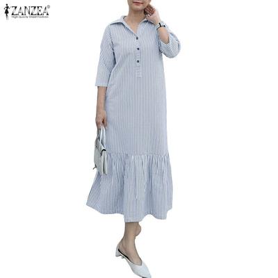 Damen Lässig Umlegekragen Locker 3/4 Ärmel Streifen Langkleid