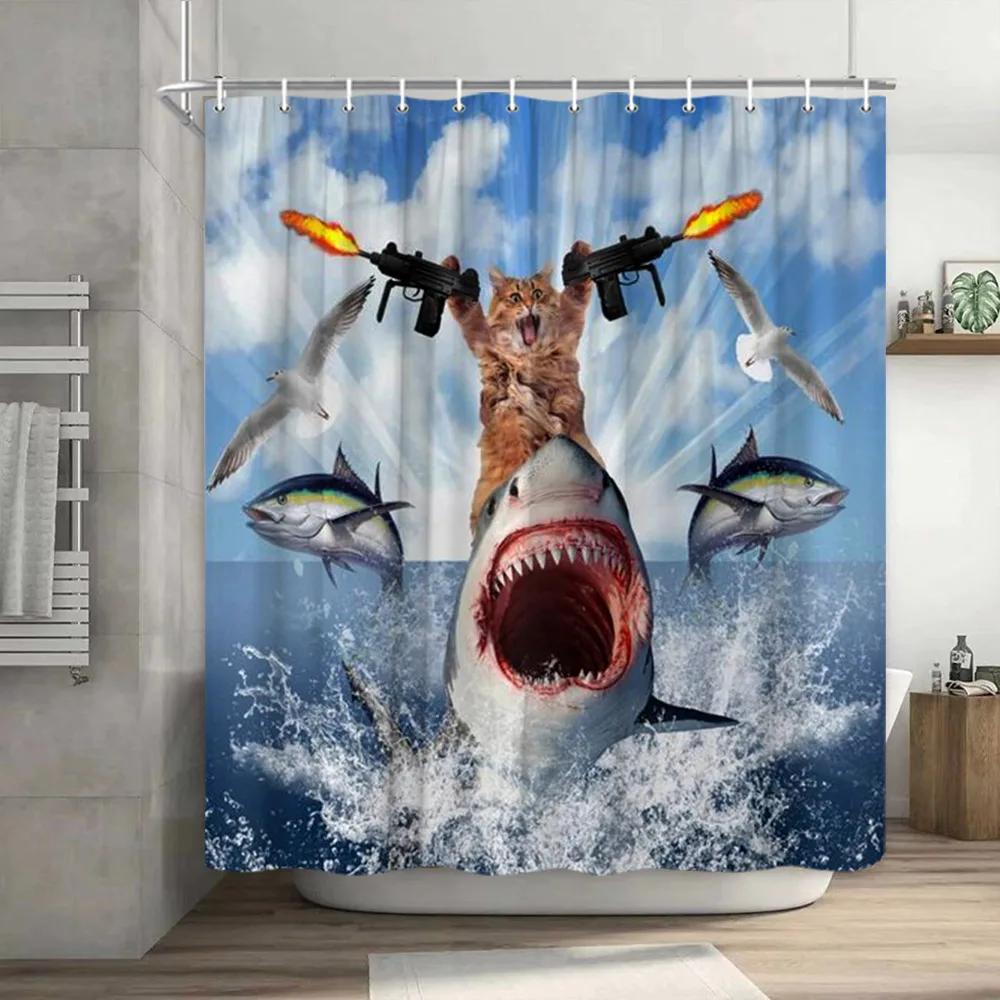 Cartoon Animal Shower Curtains Funny Bathe Dinosaur Cute Black Pet Cat Flower Plant Leaves Kids Bathroom Decor Cloth Curtains