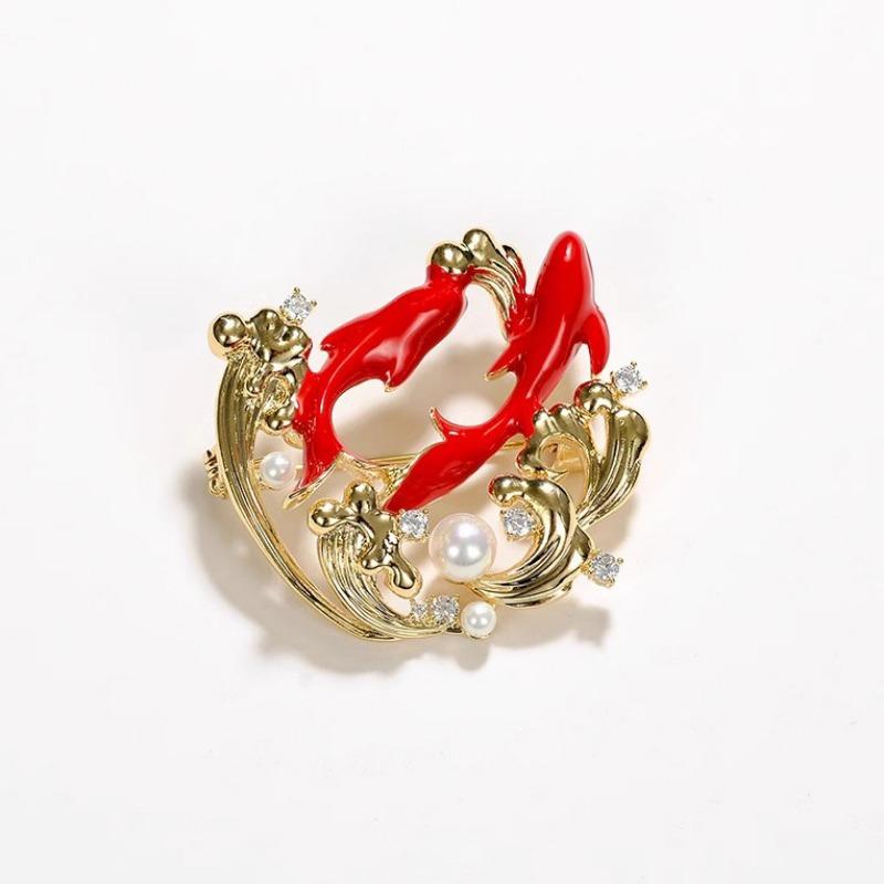"Golden and Jade Full Hall, Koi Fish Brooch, Coat, Women's Outerwear, Lucky Corsage, Classical Chinese Style Corsage.