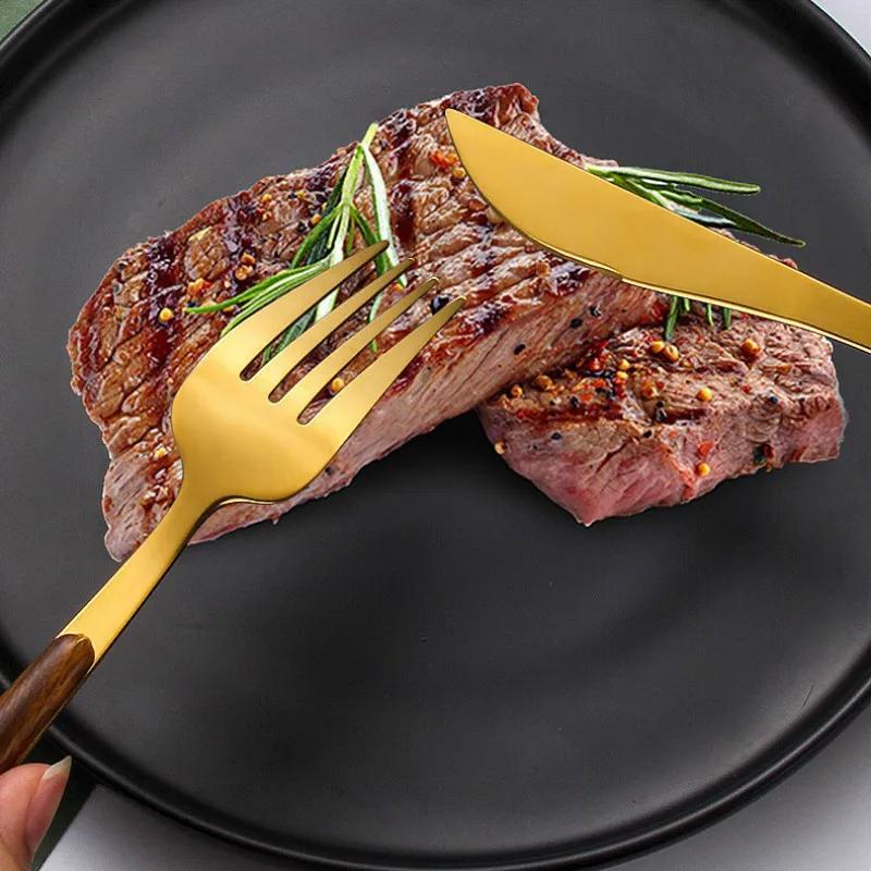 5 stk/sett Sølv Gull Bestikksett Trehåndtak Rustfritt Stål Kniv Gaffel Skje Stearinlys Middag Kniv Gaffel Skje Servise