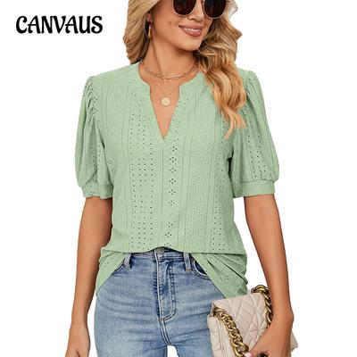 Summer Women's T-shirt Casual V-neck Solid Color Hollowed Out Bubble Sleeve Loose T-shirt Tops Female