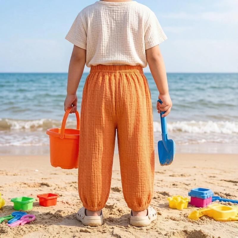 Summer Children Pants Casual Girls Boys Linen Solid Color Loose Pleated Pant Trousers Hight Waist Harem